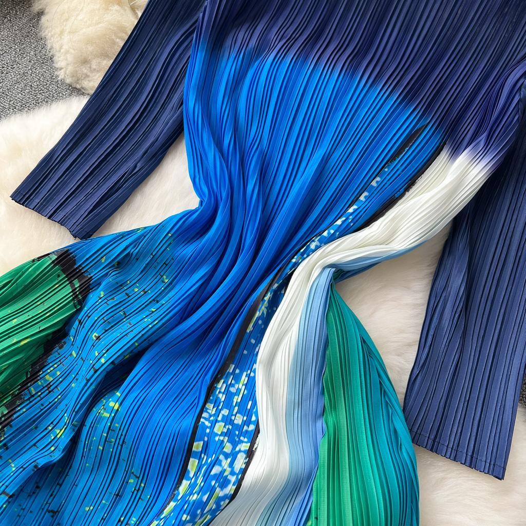 Summer Women Designer Print Gradient Color Runway Dresses Long Maxi Oversized Loose Pleated Party Robe