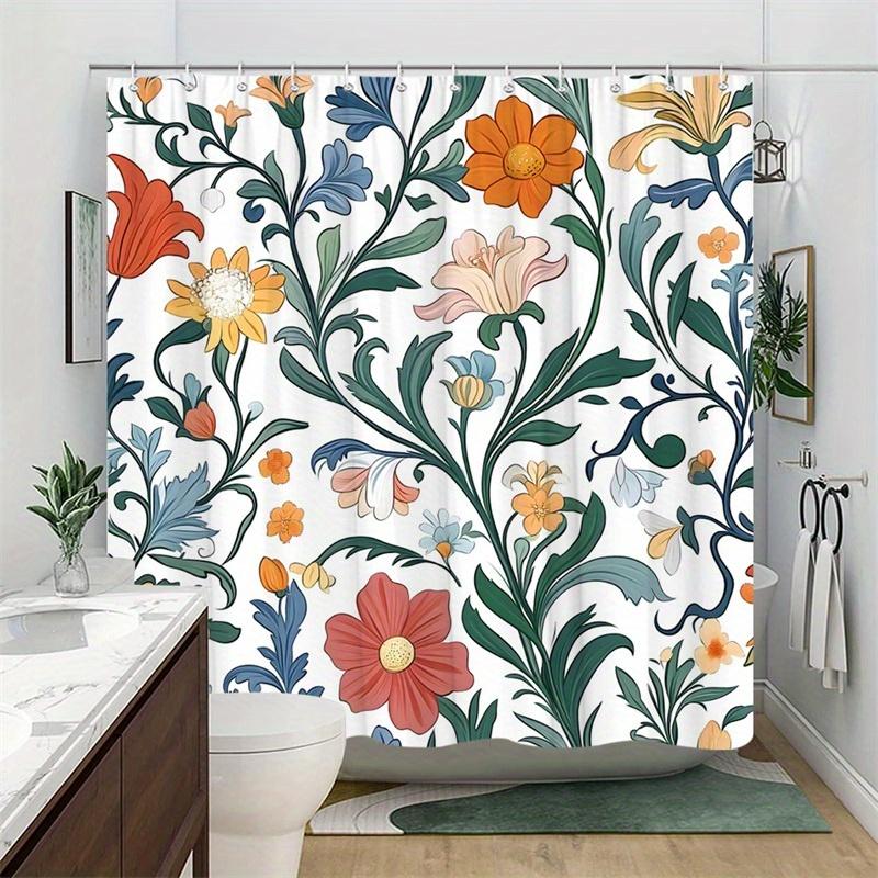 1pc Bright red, orange, yellow and blue floral pattern shower curtain, polyester fabric, machine washable, suitable for bathroom