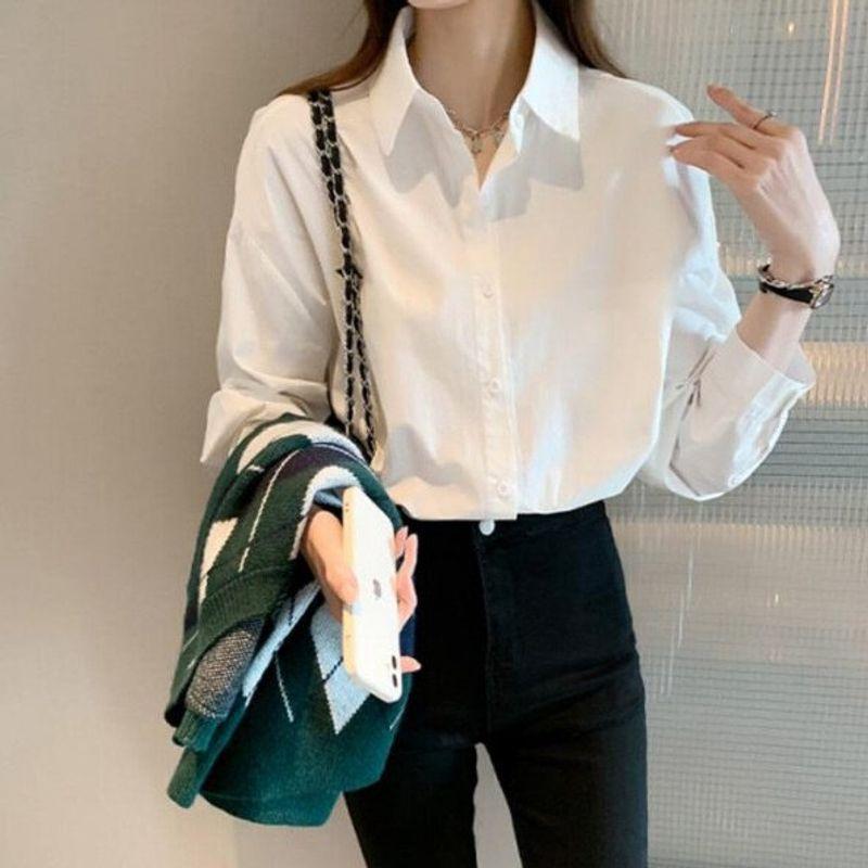 Uniform Shirt Basic Long-Sleeved White Shirt for Women New Versatile Basic Style Workwear Inner Wear Retro Shirt for Women