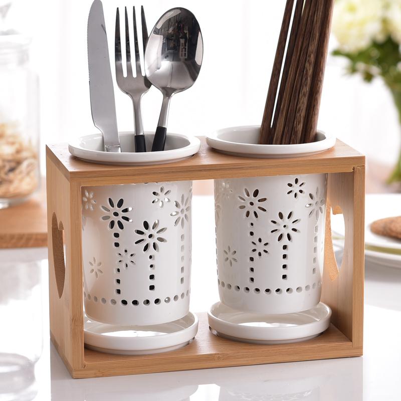 Japanese Style Ceramic Chopsticks Holder Kitchen Dining Utensils Chopsticks Spoon Fork Storage Tube Bamboo Wood Storage Rack