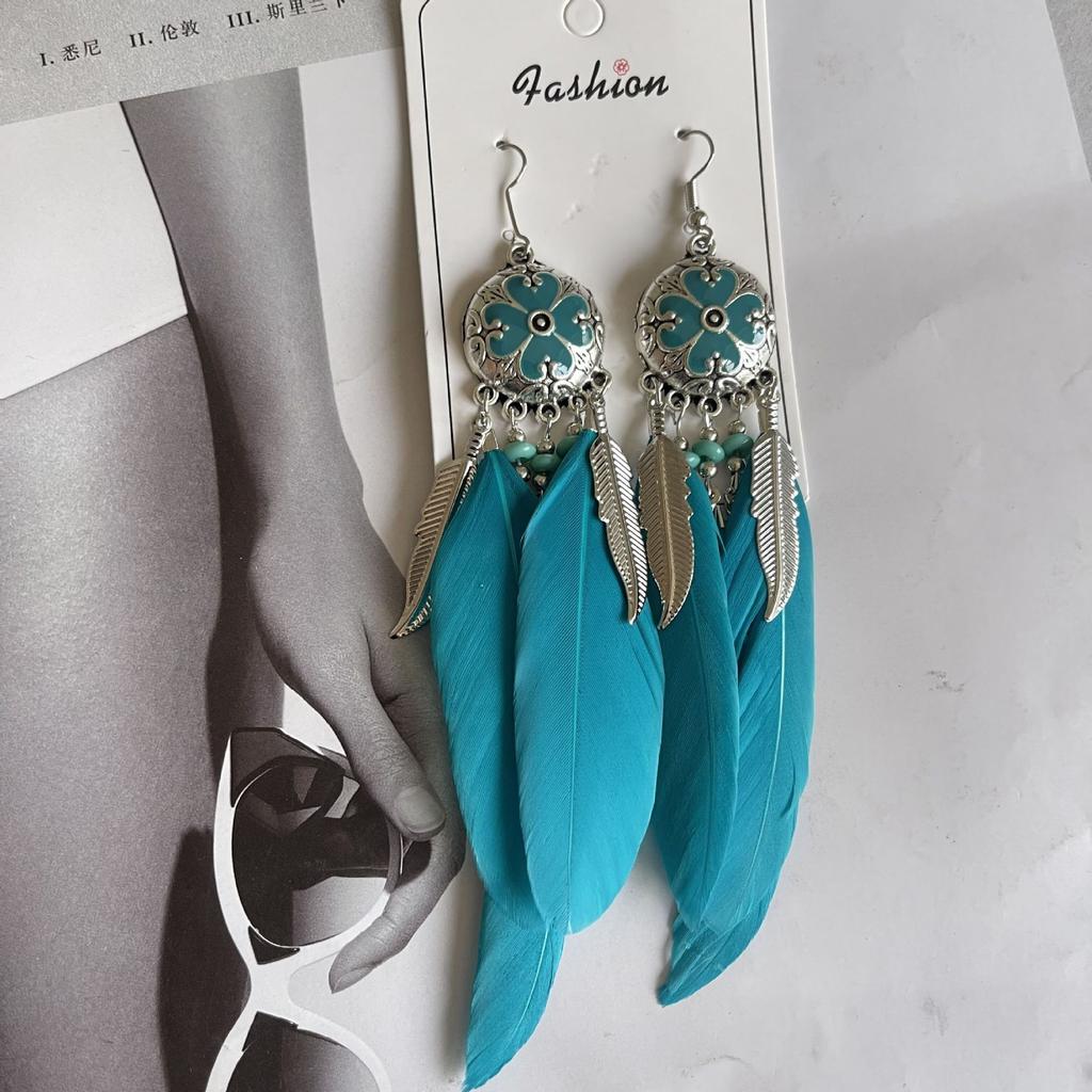 Vintage Bohemian Feather Tassel Earrings Exaggerated Ethnic Vacation Dangle Ear Jewelry Fashion Accessories For Women