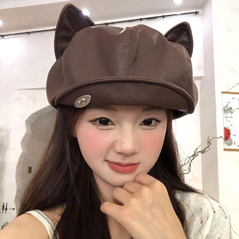 Pu Leather Cute Cat Ear Berets For Women Solid Color Casual Newsboy Cap Personalized Peaked Cap