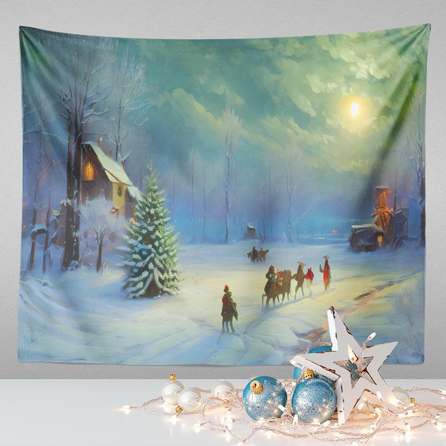Amazon Festive Hanging Cloth Christmas Background Cloth Printed Cartoon Christmas Tree Snowman Tapestry