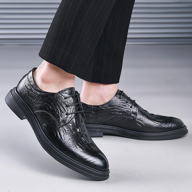 Men's shoes cowhide dress British crocodile pattern men's leather shoes lace-up breathable trend Oxford shoes 2025
