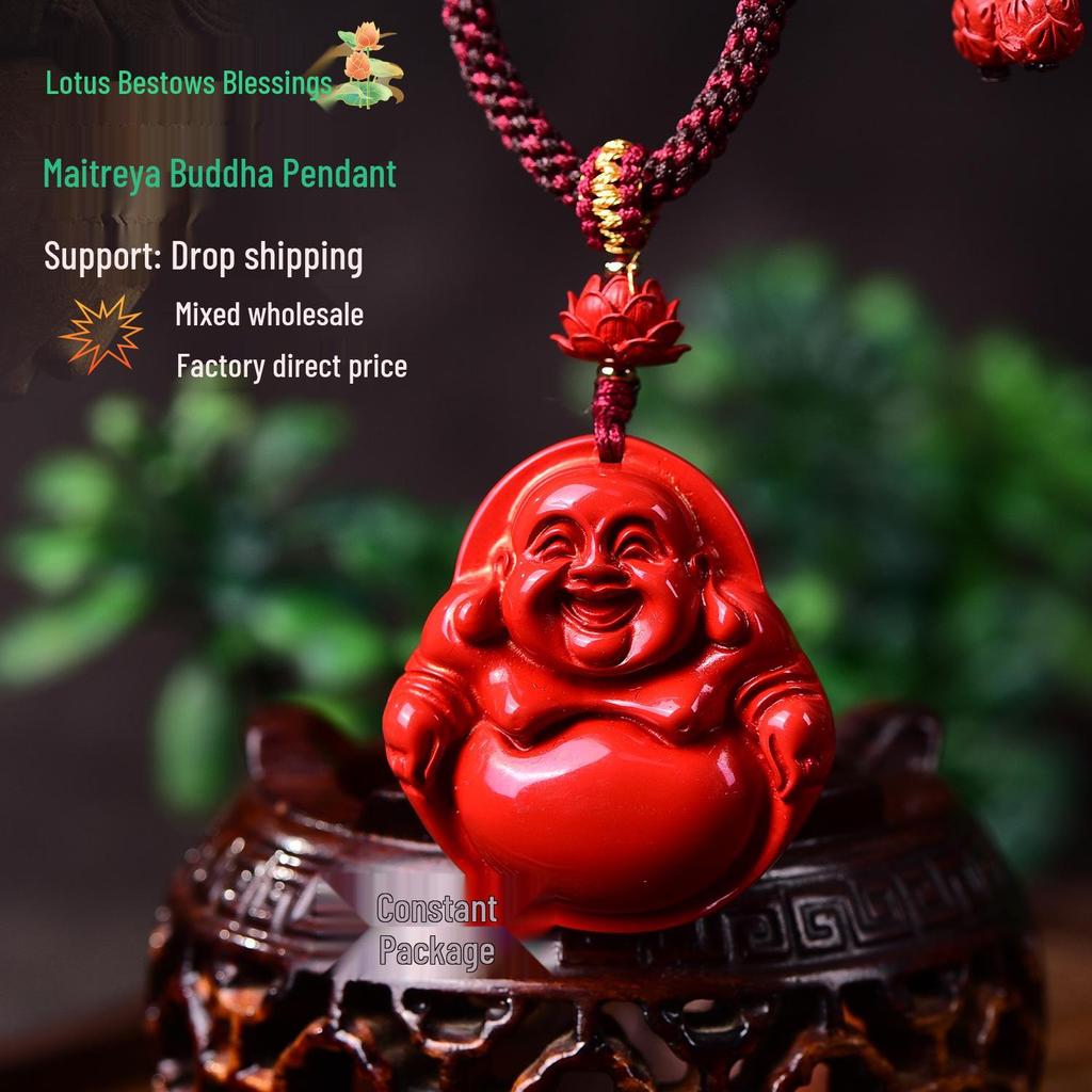 Cinnabar Maitreya Buddha Lotus Pendant Necklace - High-Grade Red Sand for Men & Women