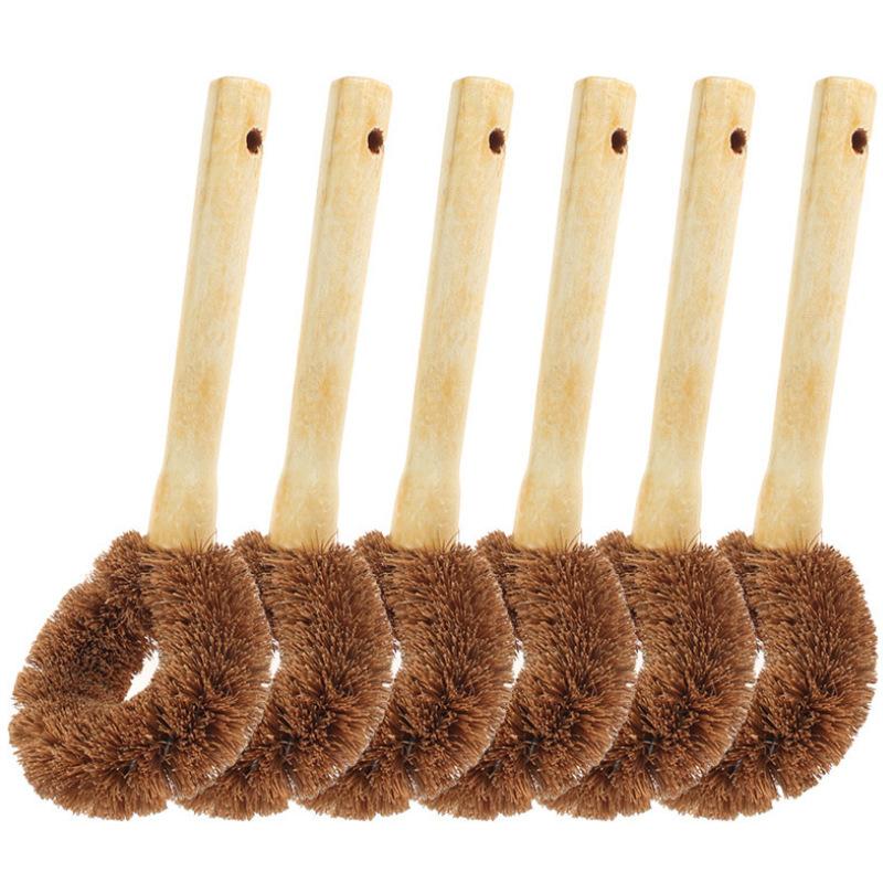 Natural Coconut Brown Pot Brush with Wooden Handle Oil-free Kitchen Supplies Cleaning Wooden Brush Tools Cleaning  Coconut Brush
