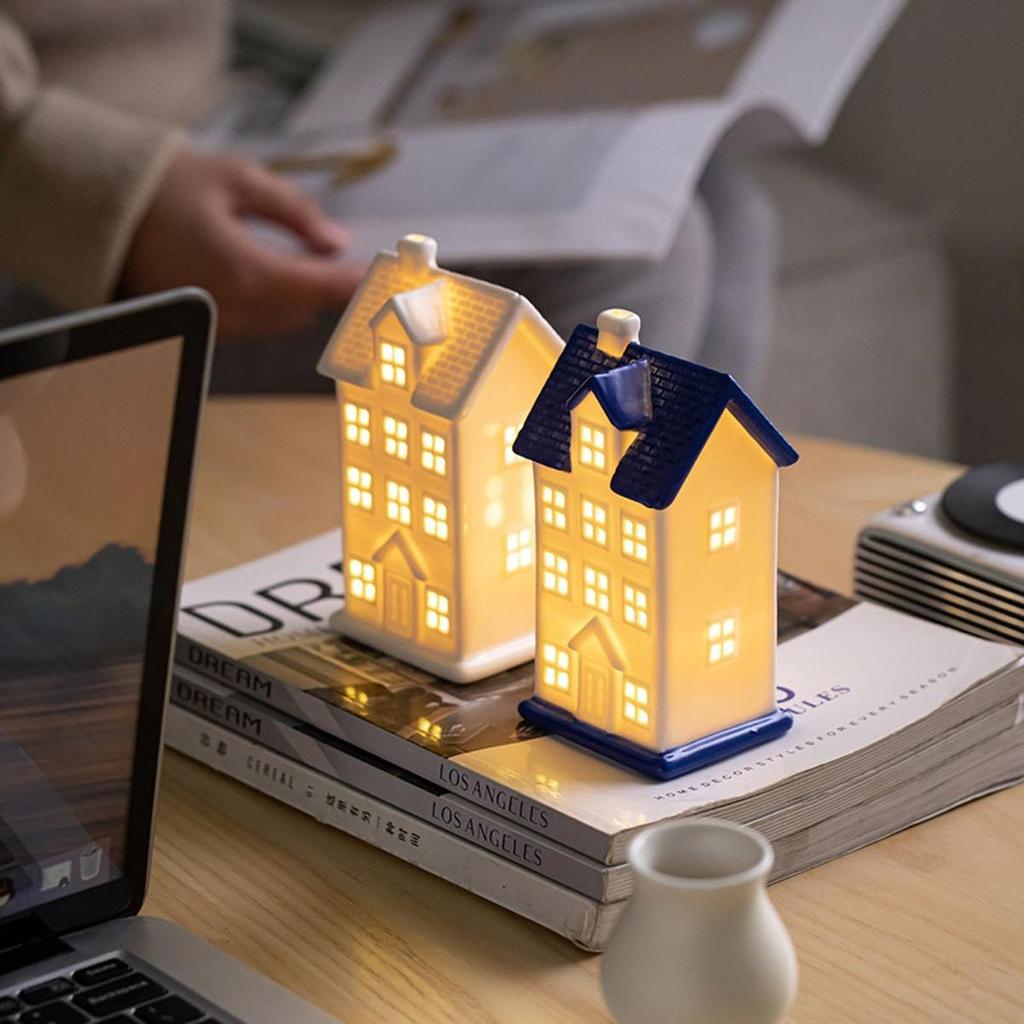 Ceramic Christmas Home Decorations Lighted Christmas House Figurine with Light Xmas Crafts Creative LED Hollow House