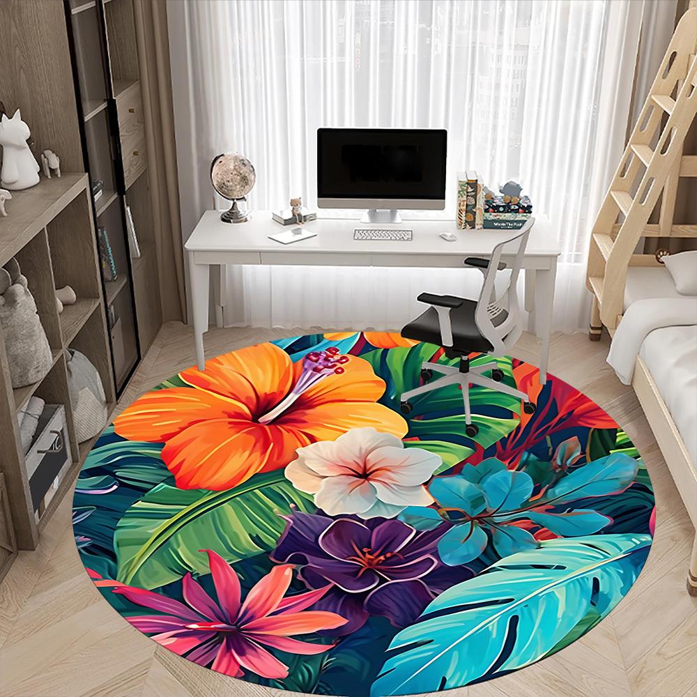 1pc Tropical Flowers Office Round Area Rug, Under Office Chairs Bedroom Living Room Home Decor, Room Deco