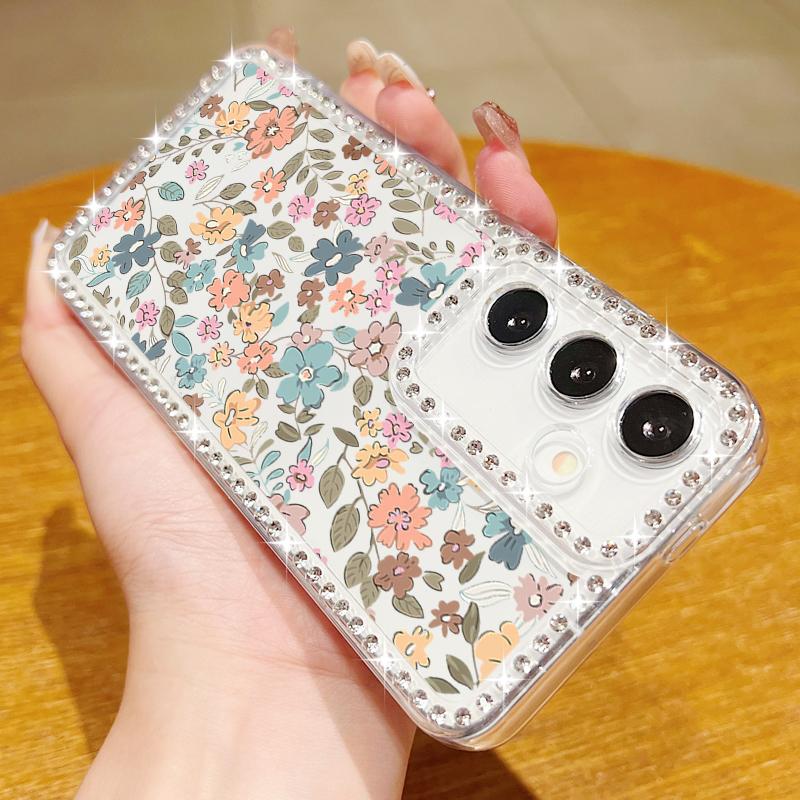 Silver Rose Flowers Diamond Case For Samsung Galaxy S25 Edge S24 Ultra S23 S22 S21 FE A54 A15 A35 A55 A16 A26 A36 A56 5G Capa