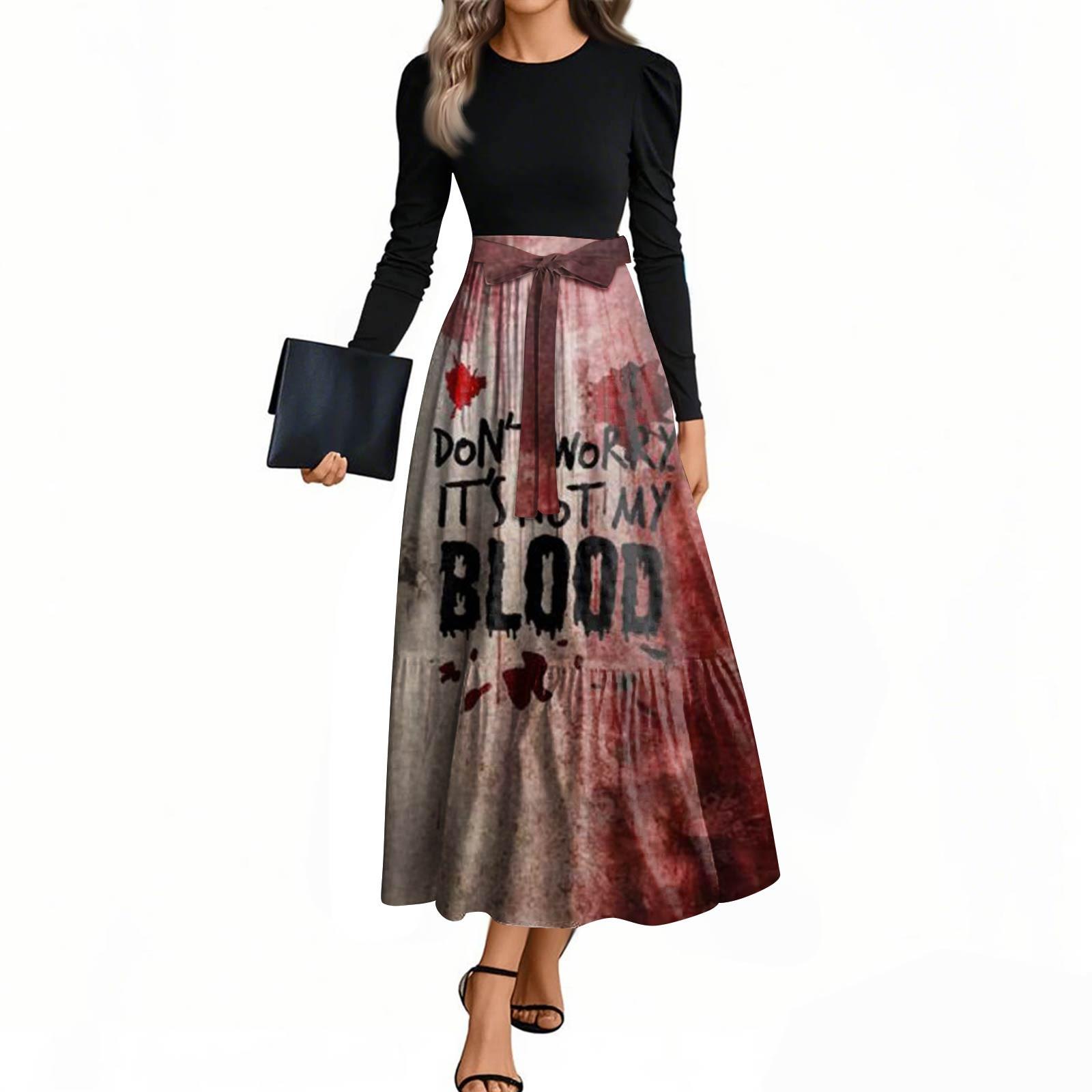 

Женские модные повседневные платья с поясом, с длинным рукавом, с круглым вырезом, с принтом на Хэллоуин, элегантные, с темпераментом L красный