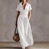 Damen Mehrfarbig Knopfleiste Hemdkleid Maxi-Kleid Revers Kurze Ärmel Tasche Vorne Lässig Langes Kleid