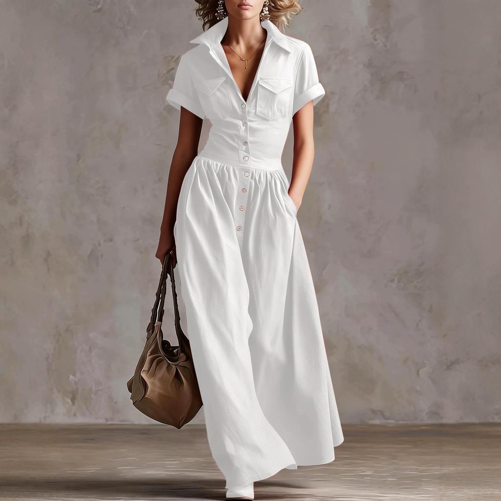 Damen Mehrfarbig Knopfleiste Hemdkleid Maxi-Kleid Revers Kurze Ärmel Tasche Vorne Lässig Langes Kleid