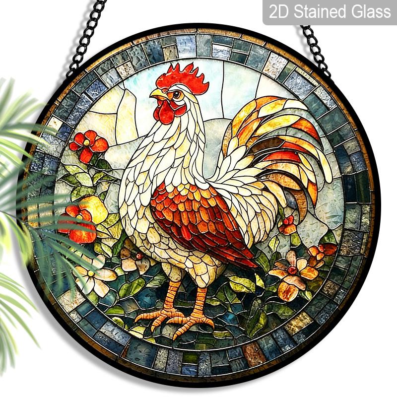 2D Flat Stained Glass Rooster Window Decoration, 6.3/7.87inches Colored Glass Plate with Chain, Charming Sun Catcher Home Decor, Unique Holiday
