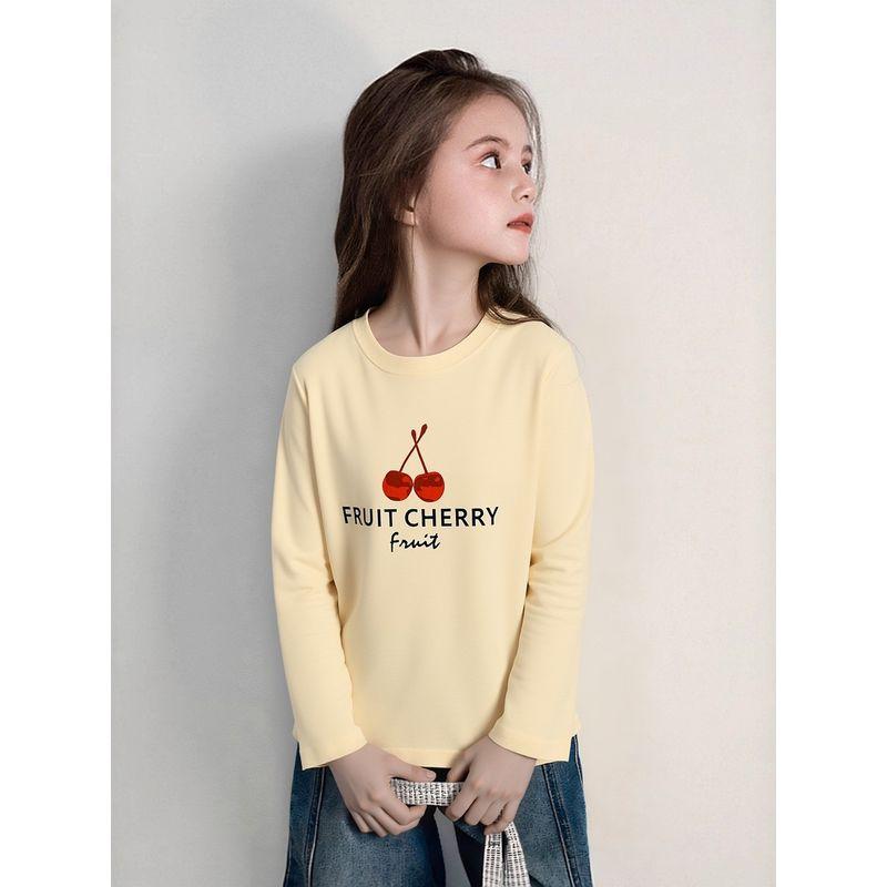 Trendy Children's Clothing Korean Style Long-Sleeve T-Shirt for Older Kids, Autumn Girls' Pure Cotton Base Shirt with Cherry Print Ins