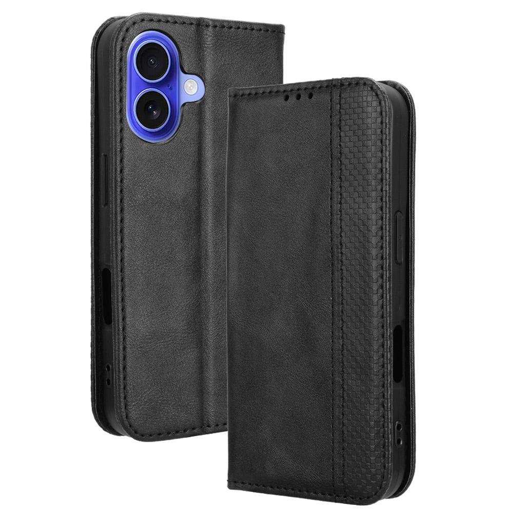 

For iPhone 16 Plus Leather Case Wallet Stand Retro Texture Phone Cover Black