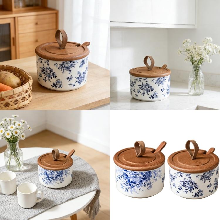 Porcelanowa solniczka z pokrywką i łyżeczką, pieprzniczka, pojemnik do przechowywania przypraw na blat, narzędzie kuchenne