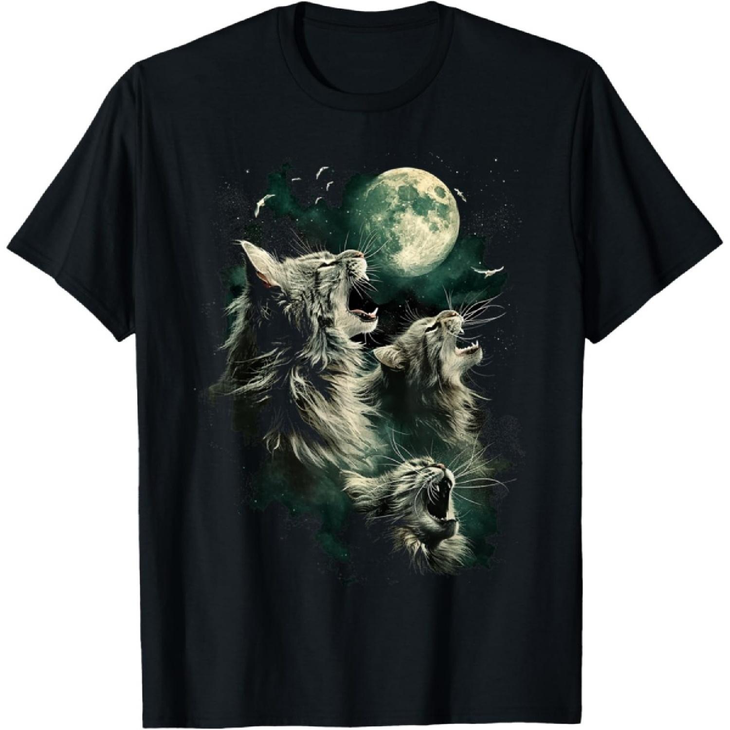 Three Maine Coons Howling at the Moon, 3 Hungry Cats Meowing T-Shirt S