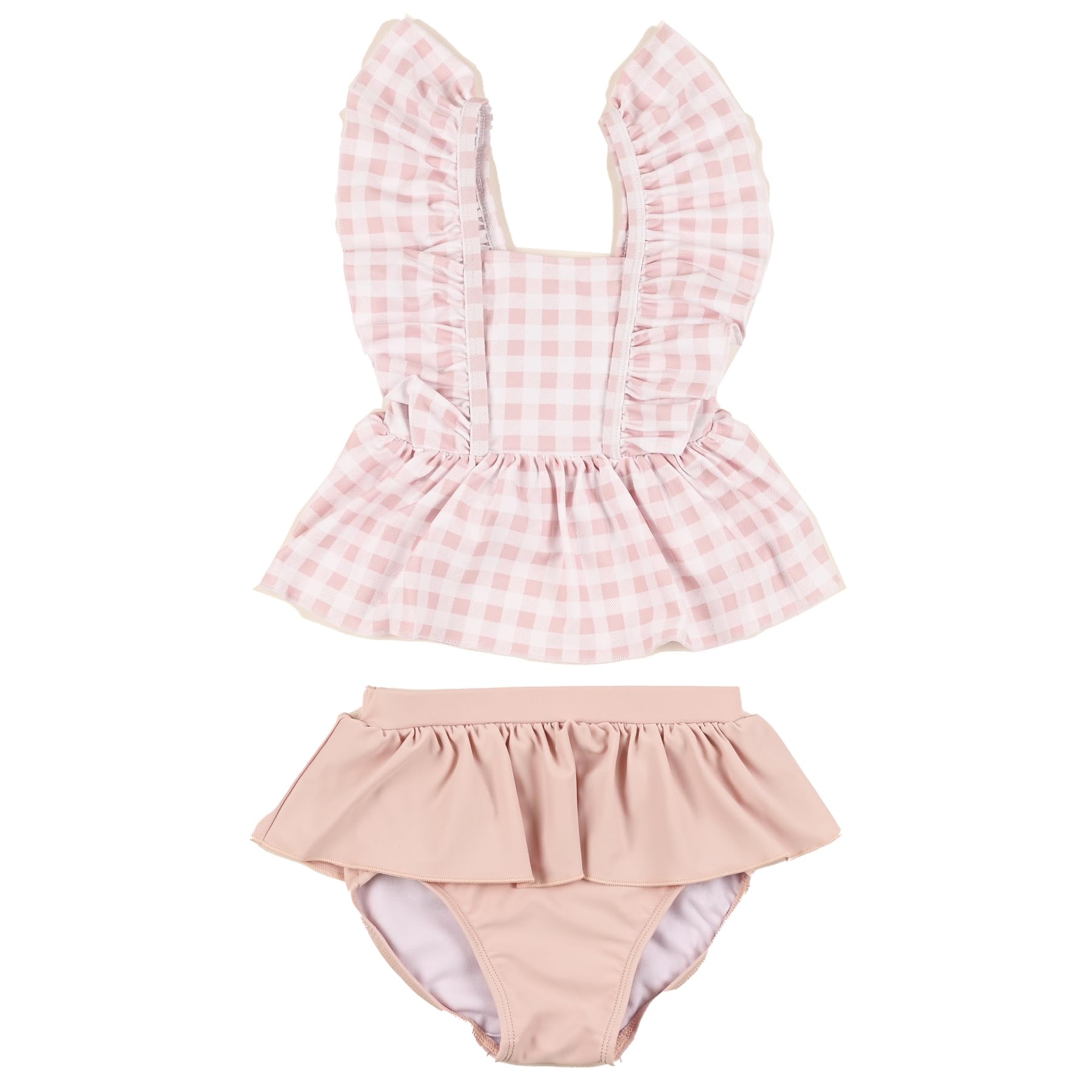 

Gingham Shoulder Ruffle Swimsuit Kids Baby Separate Children Girls 2 Pieces Top and Bottom p52003 [AMUSA] (Pink, 90) рожевий