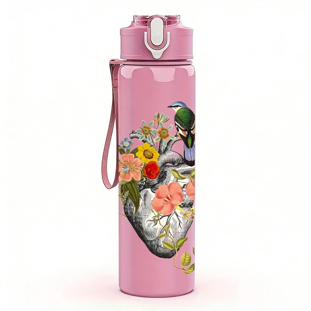 1PC Vintage Human Heart Mixed Floral Plant Bird 750ml Color Plastic Sports Water Bottle Leakproof Flip Straw Lid Suitable for Sports Office Home Use