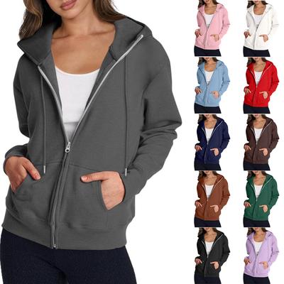 Dames Casual Mode Effen Kleur Lange Mouw Rits Capuchon Sweatshirt