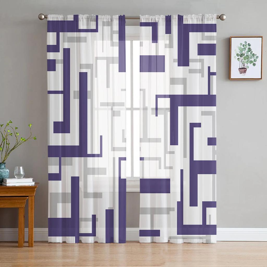 Luxury Art Geometry Yellow Grey Curtains Living Room Printed Tulle Window Curtain Home Balcony Decor Drapes Light Filtering For Area Made Of Polyester