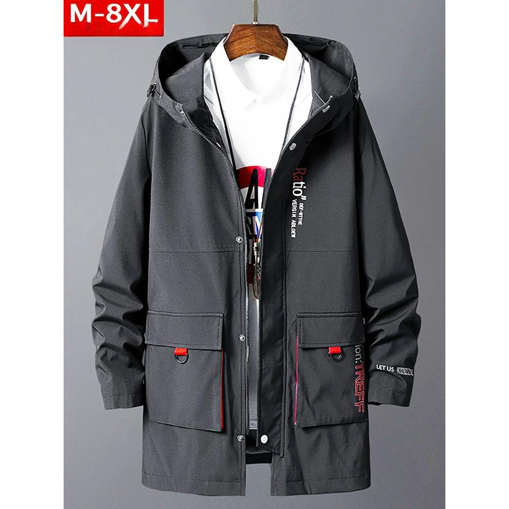 

Spring and Autumn Trendy Men s Clothing Handsome All-match Hooded Windbreaker Fat Young Men Plus Fat Plus Size Loose Mid-length Jacket 3XL сірий