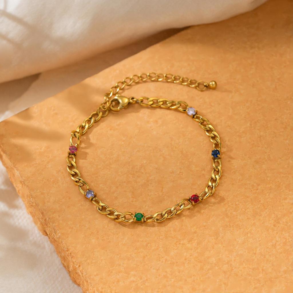 18K Gold Plated Stainless Steel Bracelet with Colored Zircon - Fashionable, Versatile, and Non-Fading