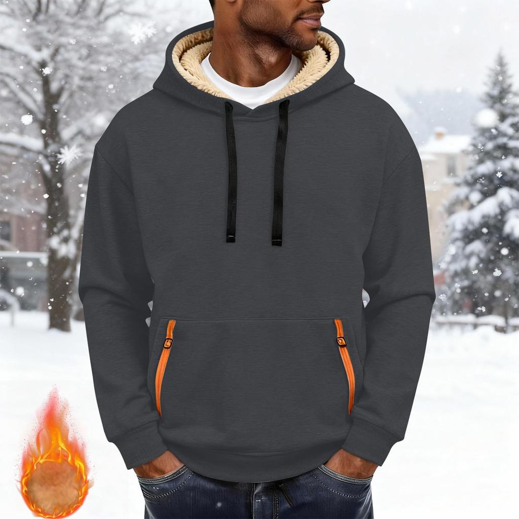 Fashionable Men's Solid-Color Fleece-Lined Thickened Long-Sleeve Hoodie With Pockets