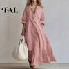 Loose Women Dress Striped Long Sleeve Dress, V-Neck Collar Maxi Shirt Fit for Summer Autumn, Breathable Casual Ladies
