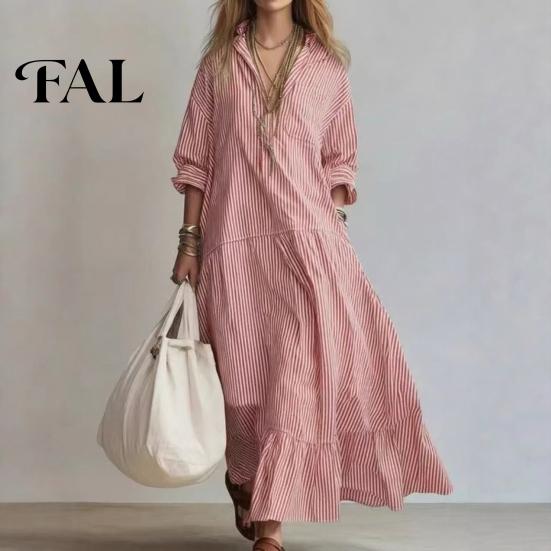 Loose Women Dress Striped Long Sleeve Dress, V-Neck Collar Maxi Shirt Fit for Summer Autumn, Breathable Casual Ladies