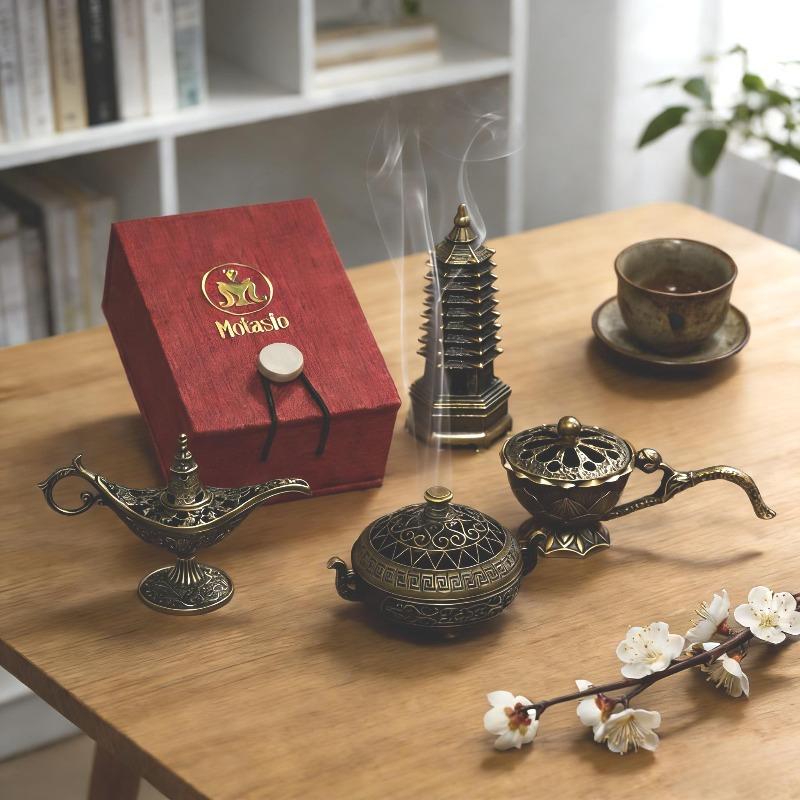 Mini Metal Incense Burner Set Retro Ornate Pagoda Fu Pouch Lotus Styles Traditional Carved Desktop Decor for Home with Gift Box 7