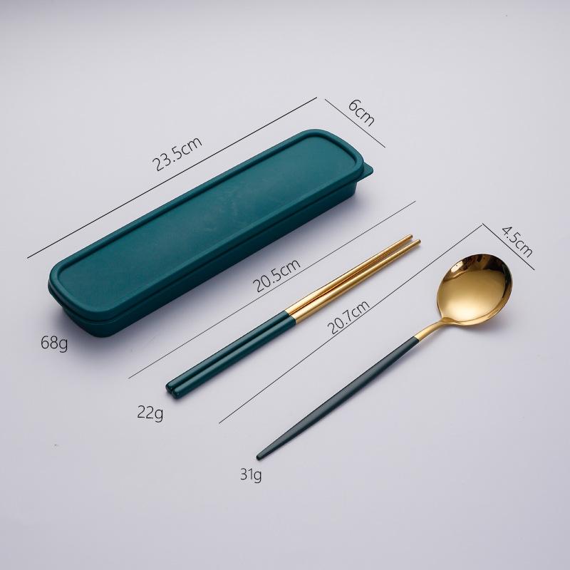 Stainless steel tableware, convenient student spoon, fork, chopstick three-piece set, travel storage set