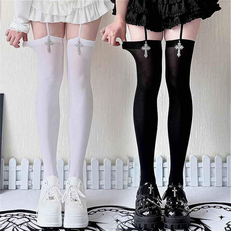 Y2K Lolita Jk Black White Women Pantyhose Sexy Thigh High Nylon Stockings Breathable Punk Gothic Cross Suspender Over Knee Socks