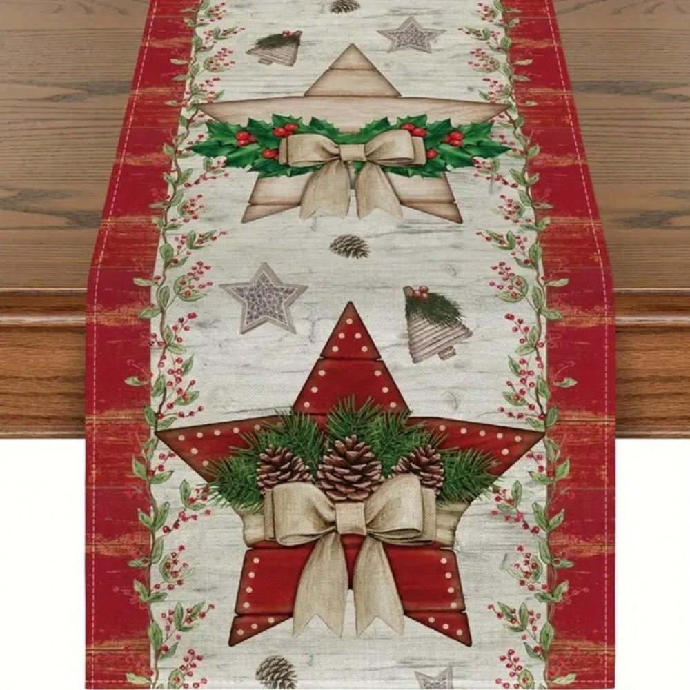 Poinsettia Flower Pattern Christmas Table Runner Long Length Rectangular Shape Table Decor Cloth Linen Material