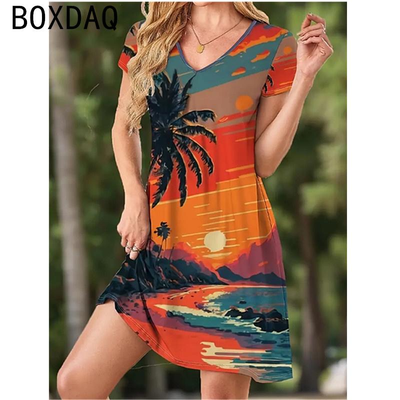 Women V-Neck Short Sleeve Pritned Dress Fashion Lady Street Personalized Dress 3D Vintage Floral Casual Loose A-Line Dress