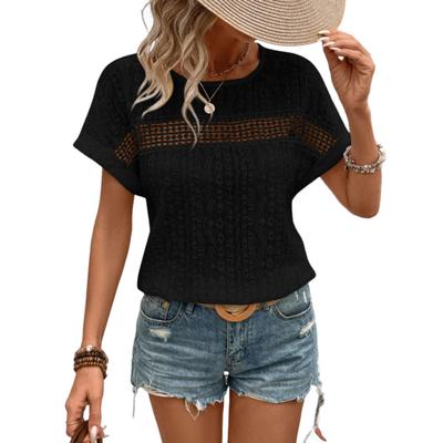 Modă Femei Casual Primăvară/Vară Dantelă Decupată Gât Rotund Mânecă Liliac Tricou