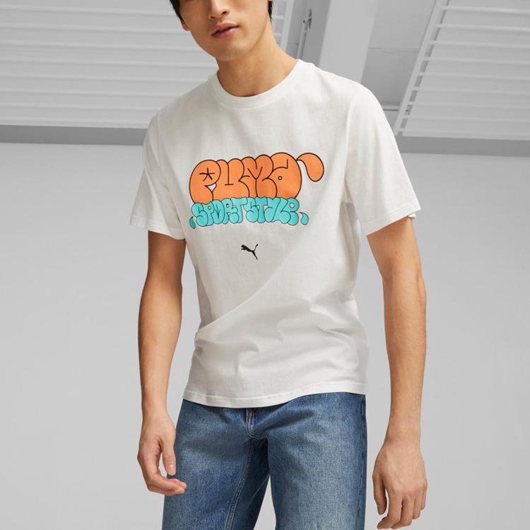 PUMA GRAPHICS T Shirts Men's White Crew Neck Moderate Straight Fit (Unisex) T-Shirts 622553 02