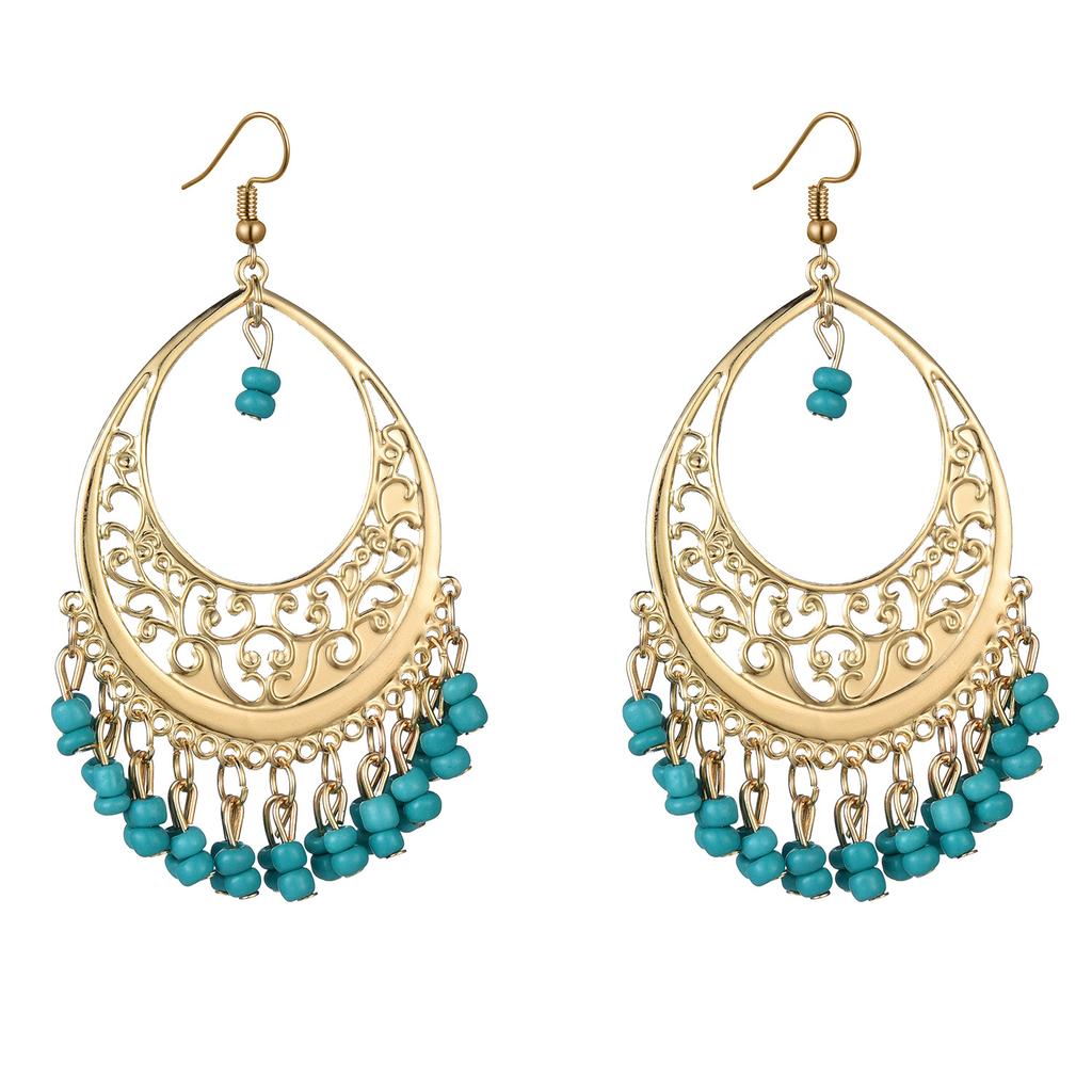 Bohemian Round Water Drop Tassel Earrings Jewelry Ethnic Style Hand Woven Hollow Geometric Statement Earrings for Women Girls
