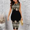 Women Plus Size Sleeveless Round Neck Midi Bodycon Dress Black Base Autumn Leaf Print Slim Fitted Dress