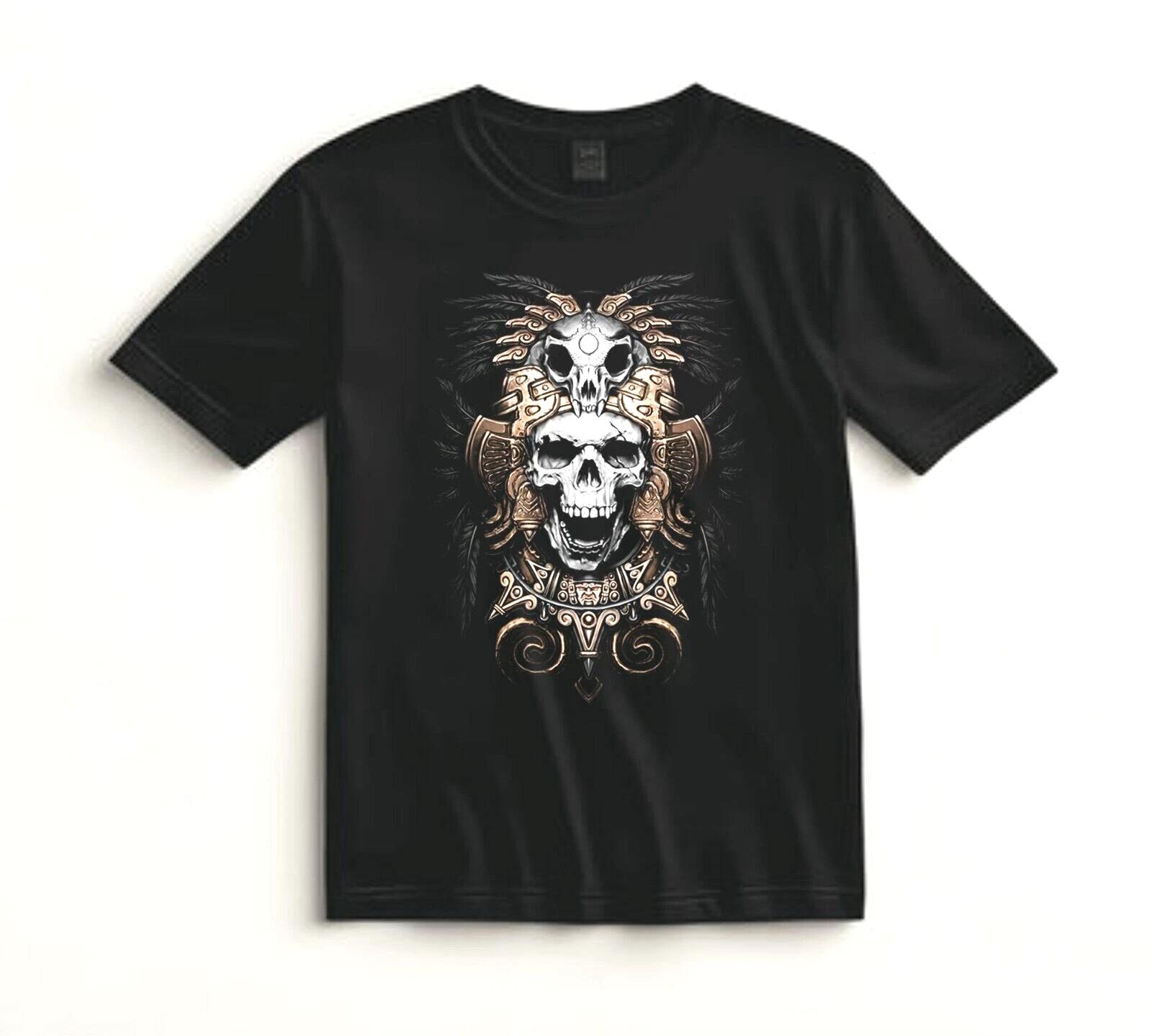 Aztec Skull Shirt Tribal Warrior Art Graphic Tee Gothic Hispanic Culture Gift S