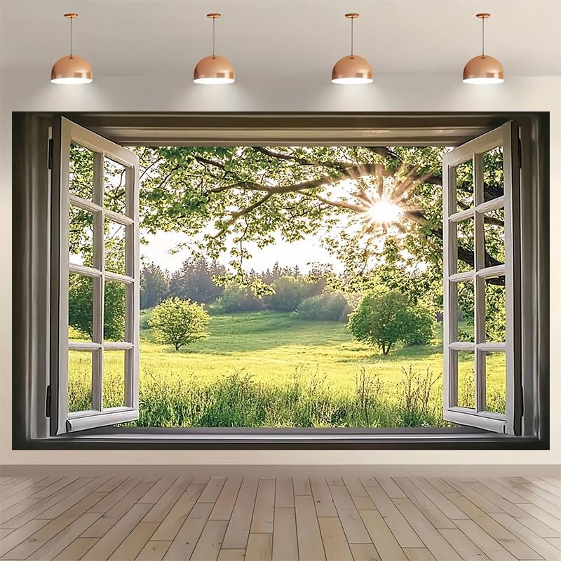 Smaragdgrüne Waldlandschaft Französisches Fenster Fotografie Hintergrund Frühling Feiertagsparty Banner Innen-/Außenraumdekoration