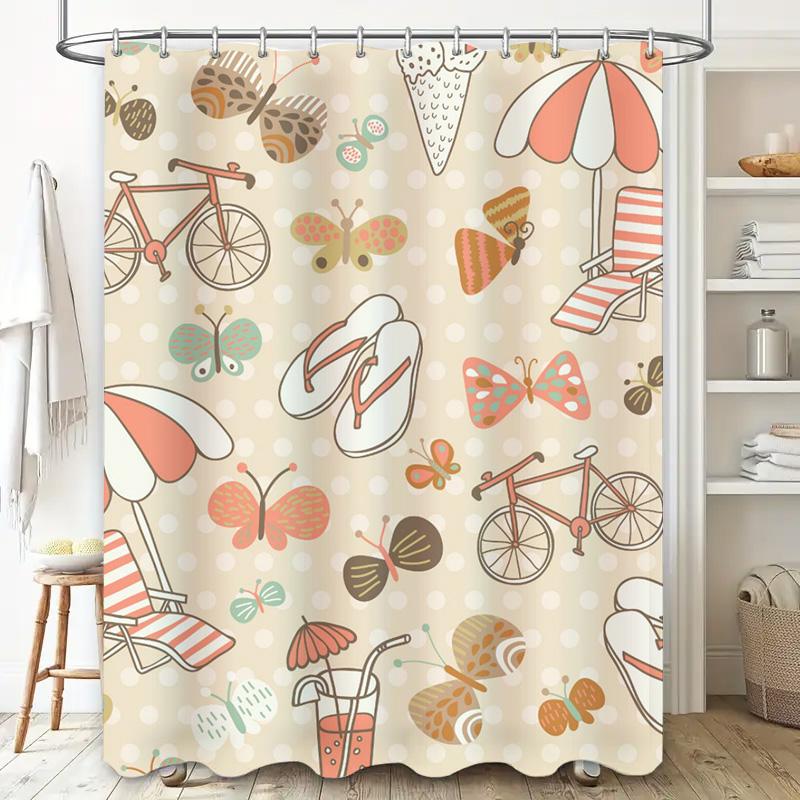 Vintage Summer Shower Curtain with Beach Umbrella Flippers Pattern Bathroom Decor Waterproof Liner Multicolor