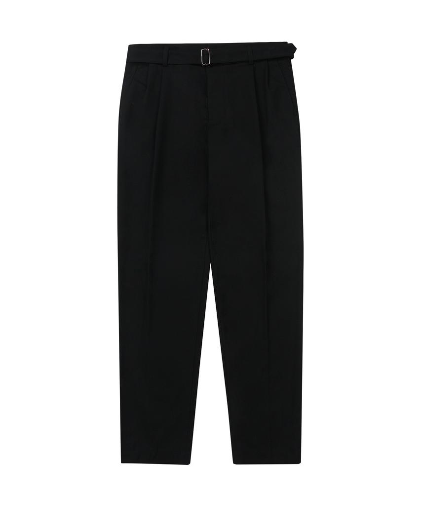 SOLEW Belted Double-Pleated Loose Fit Pants_Black