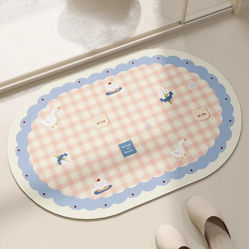 Bathroom Rug Absorbent Non-slip Floor Mat Diatomite Bath Toilet Area Foot Mats Pink Plaid Home Decor Quick Drying Carpet