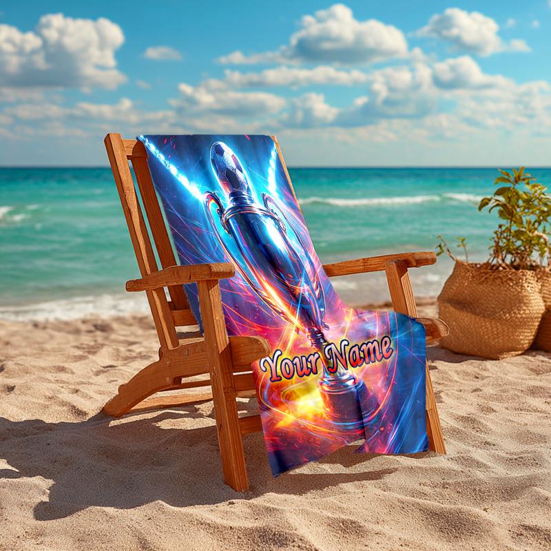 1PC Custom Name "Your Name: Soccer Trophy" Beach Towel Highly Absorbent And Sand-Resistant Towel for Swimming, Pool, Yoga, And Travel Lightweight