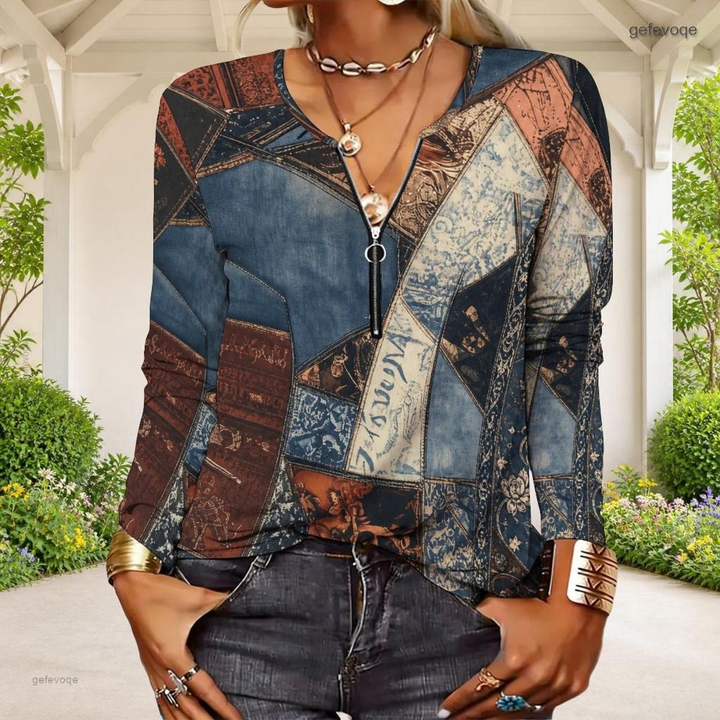 Women Plus Size Half Zip Round Neck Long Sleeve White Purple Tie Dye Printed T Shirt