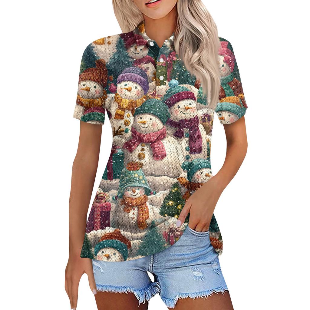 Dámská móda Neformální košile s potiskem s klopou a krátkým rukávem Dámské topy se zapínáním na knoflíky