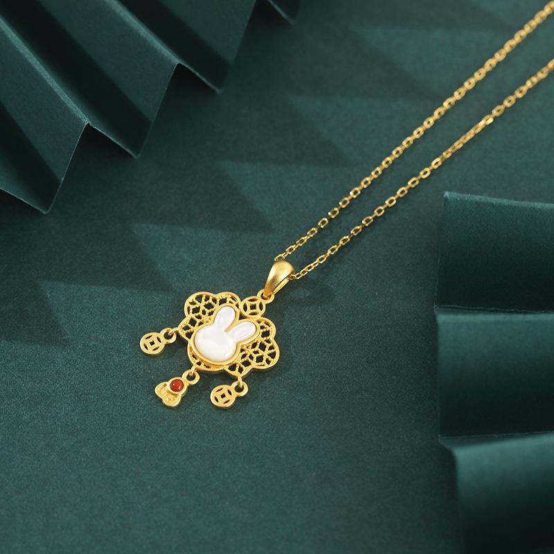 Yue Xin S925 Sterling Silver Longevity Lock Necklace Female Ethnic Shell Rabbit Ruyi Lock Chalcedony Children's Pendant