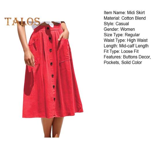 Damen-Midirock, elastisch, hoch tailliert, schlankmachender Stil, wadenlanger Rock mit Taschen, einfarbig, mit Knöpfen verziert, A-Linien-Rock