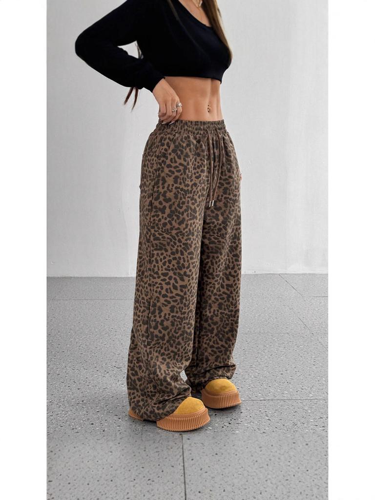 Spring/Autumn Spicy Girl Women's High Waist Wide Leg Pants Loose Fit Slimming Trendy Leopard Print Floor Length Casual Pants